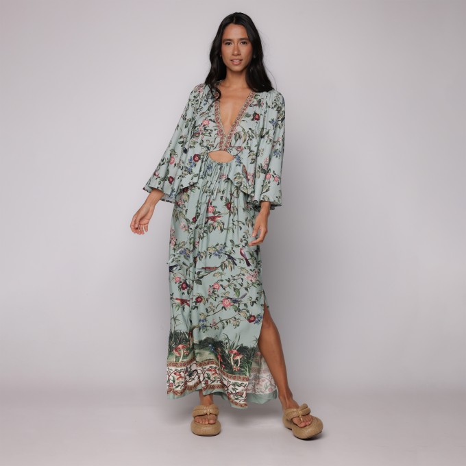 Vestido Longo Manga Canto de Pássaro