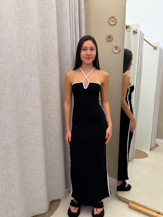 Vestido Decote V Bicolor Preto