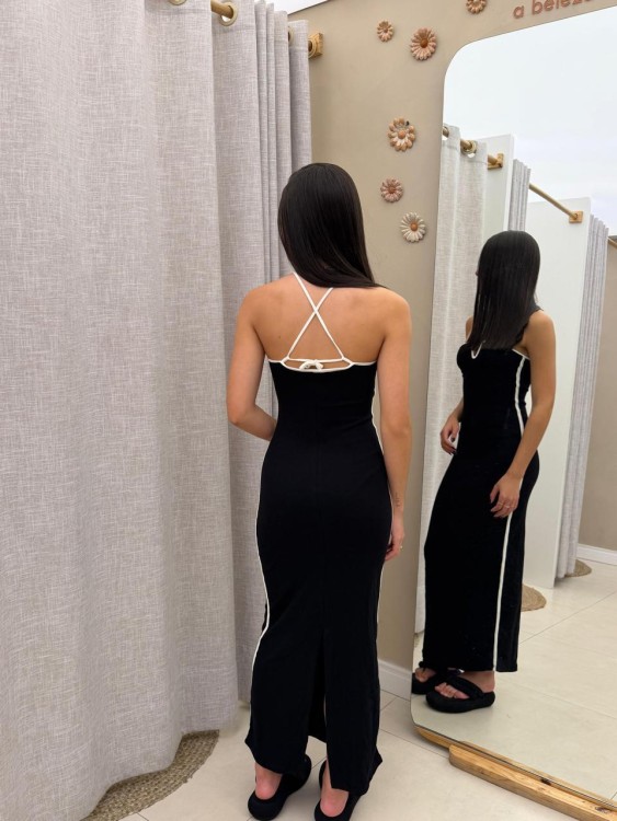 Vestido Decote V Bicolor Preto