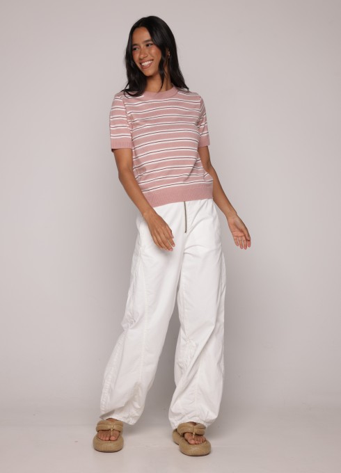 Blusa Tricot Listras Manfa Curta Rosa Leveza