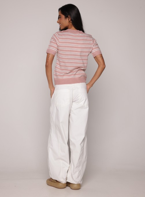 Blusa Tricot Listras Manfa Curta Rosa Leveza
